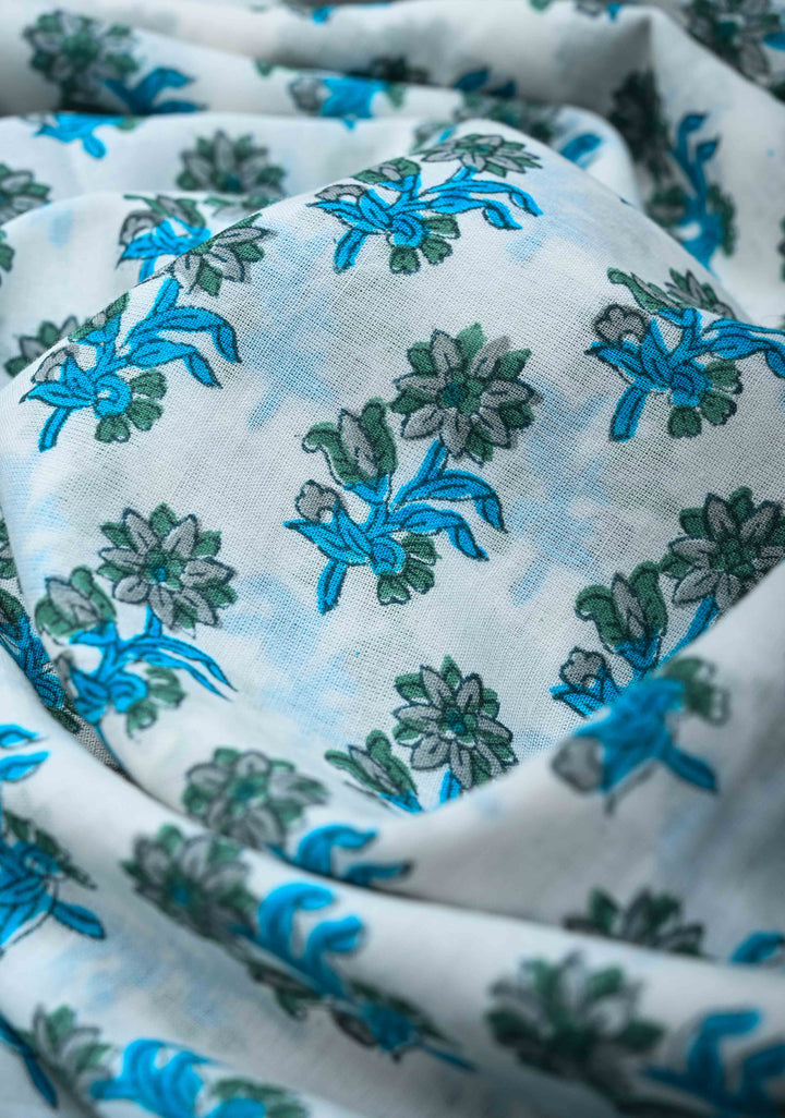 Sanganeri Hand block Printed Mul Cotton Saree in White with Blue