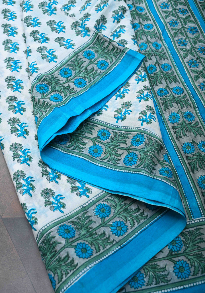 Sanganeri Hand block Printed Mul Cotton Saree in White with Blue