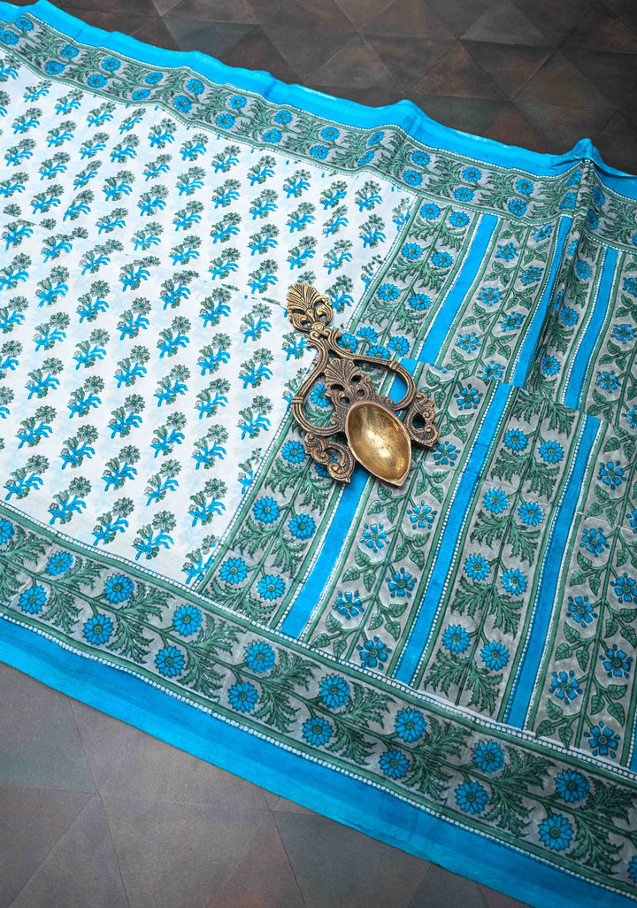 Sanganeri Hand block Printed Mul Cotton Saree in White with Blue