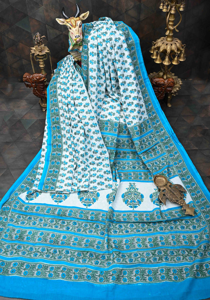 Sanganeri Hand block Printed Mul Cotton Saree in White with Blue