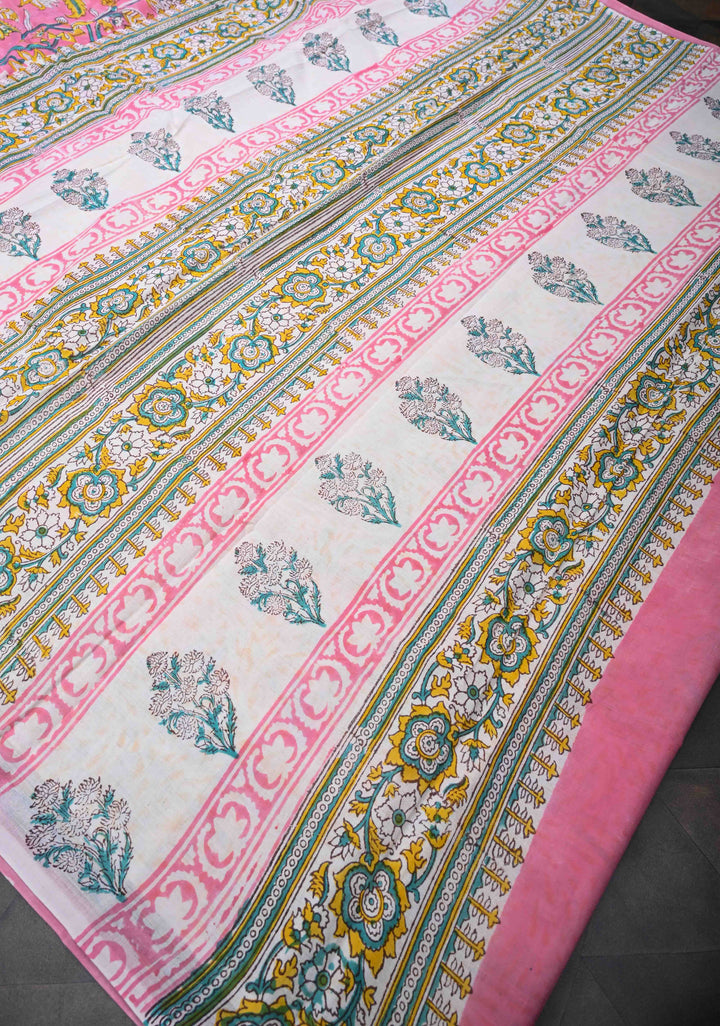Pink Floral Mul Cotton Saree with Bagru Handblock Print