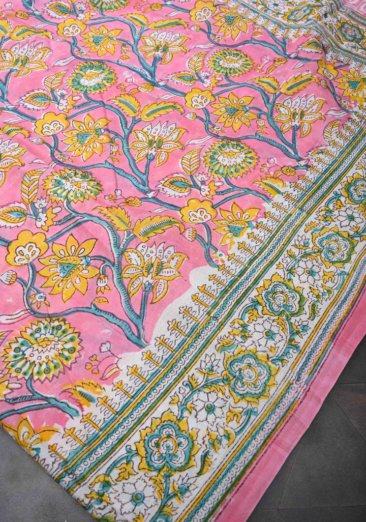 Pink Floral Mul Cotton Saree with Bagru Handblock Print