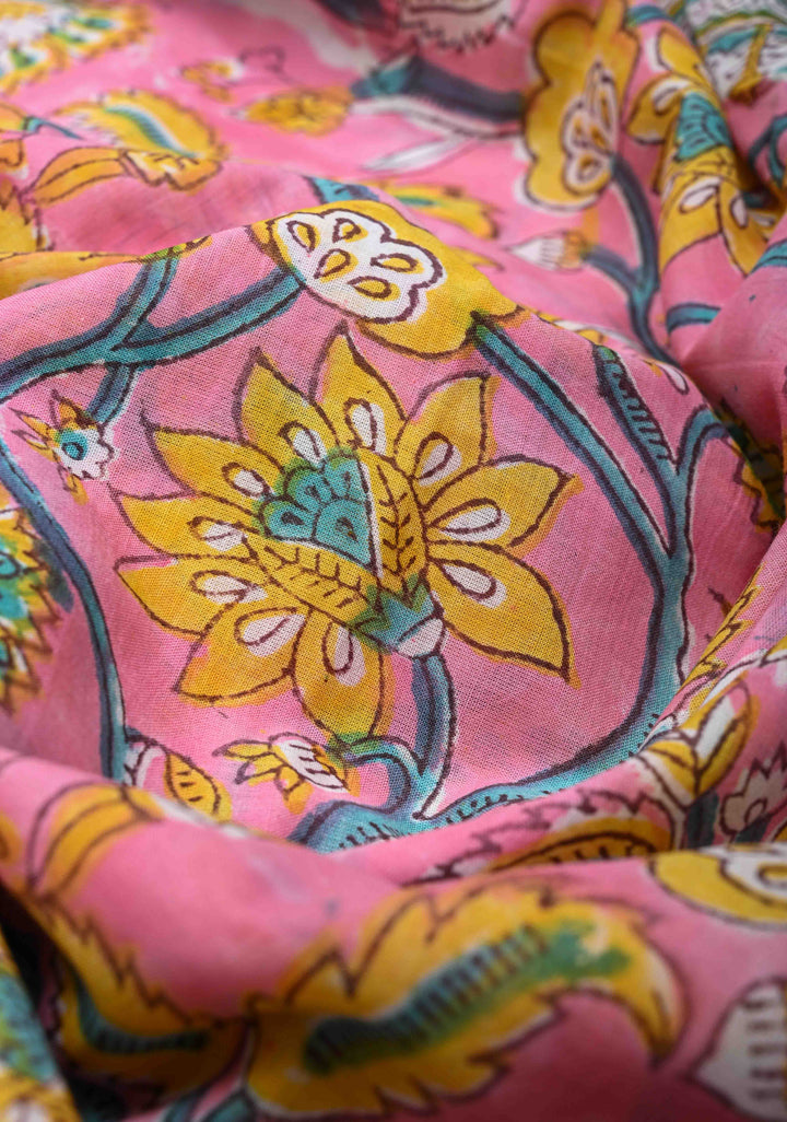 Pink Floral Mul Cotton Saree with Bagru Handblock Print