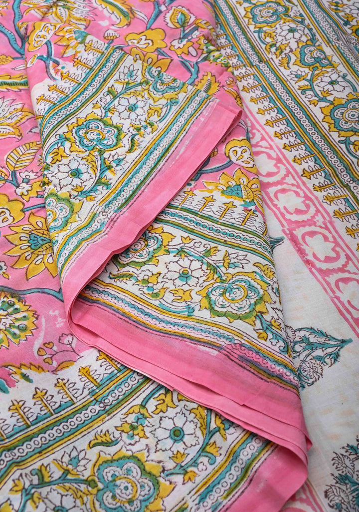 Pink Floral Mul Cotton Saree with Bagru Handblock Print