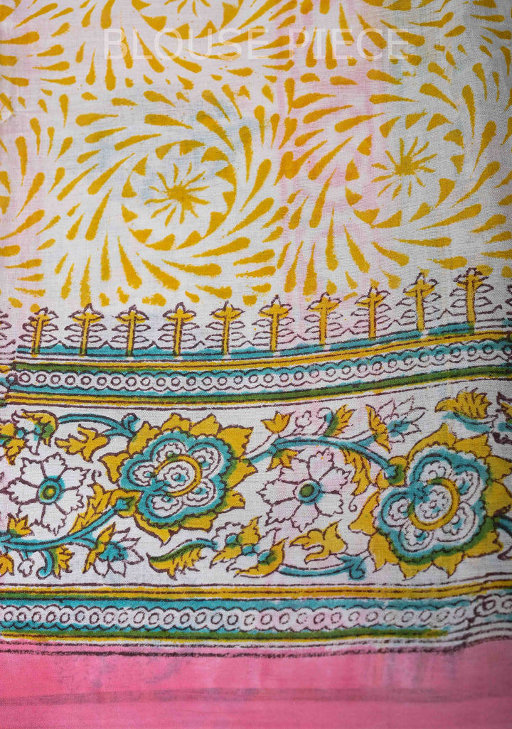 Pink Floral Mul Cotton Saree with Bagru Handblock Print