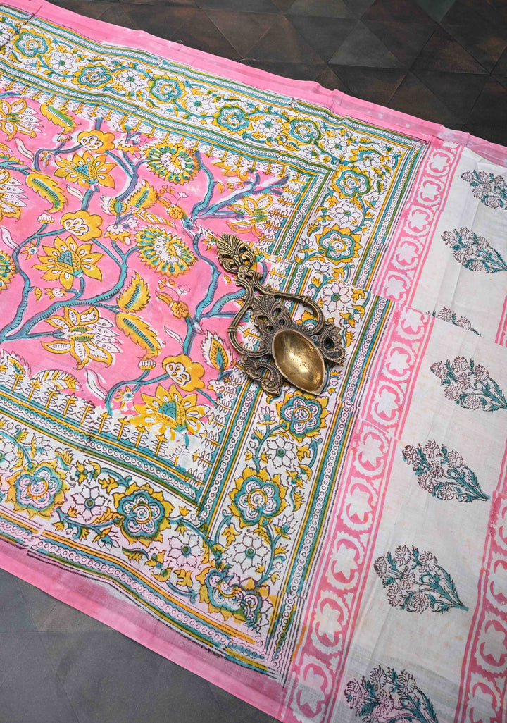 Pink Floral Mul Cotton Saree with Bagru Handblock Print
