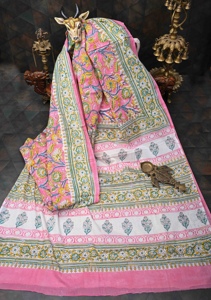 Pink Floral Mul Cotton Saree with Bagru Handblock Print