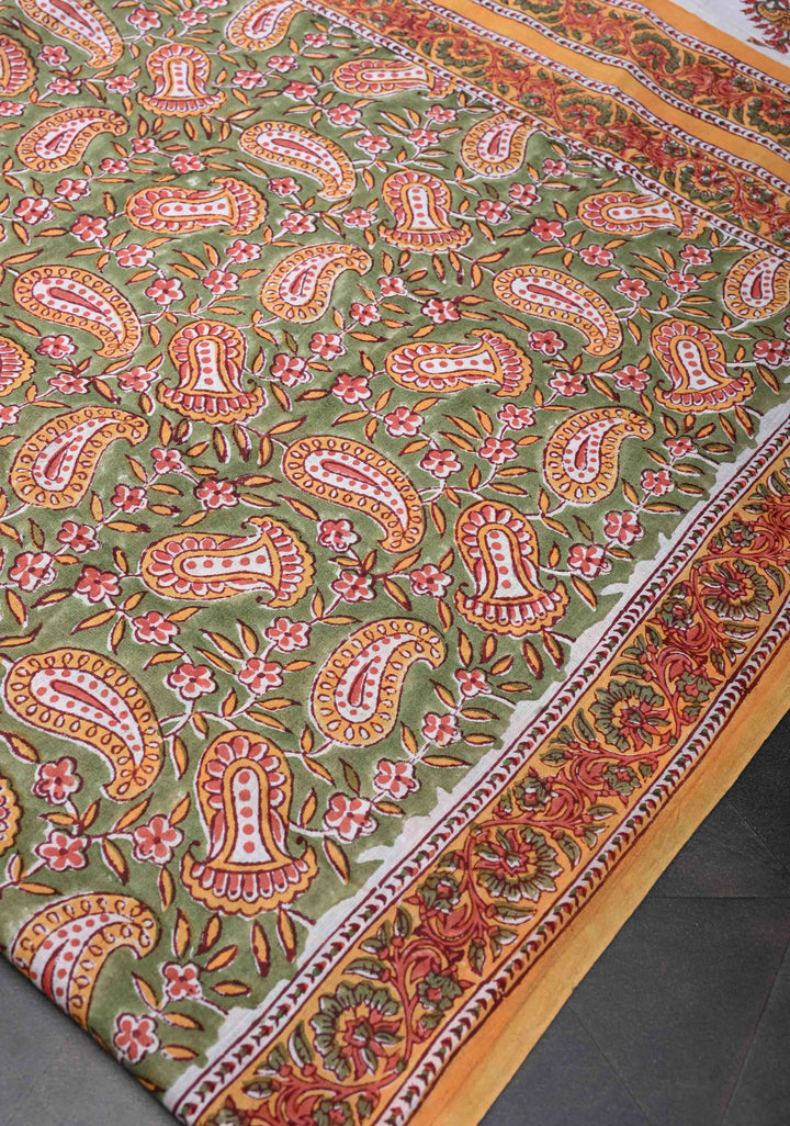 Sanganeri Hand block Printed Mul Cotton Saree in Mehendi Green