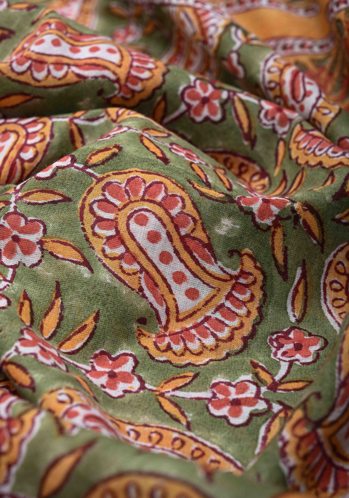 Sanganeri Hand block Printed Mul Cotton Saree in Mehendi Green