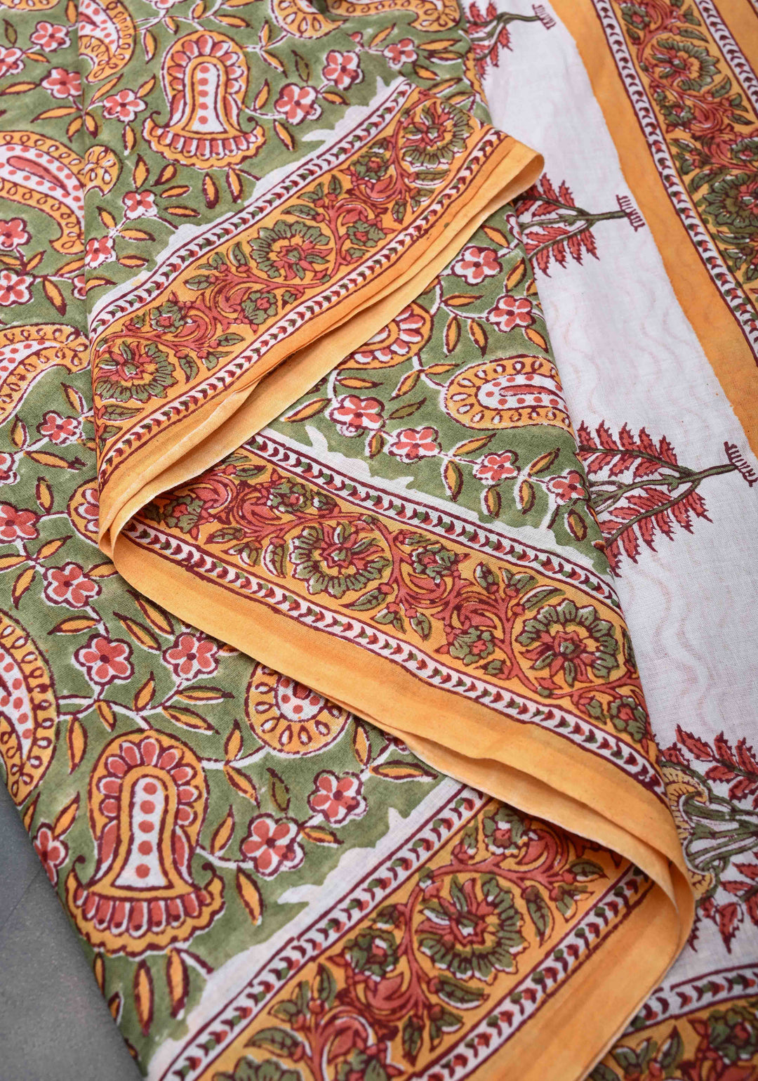 Sanganeri Hand block Printed Mul Cotton Saree in Mehendi Green