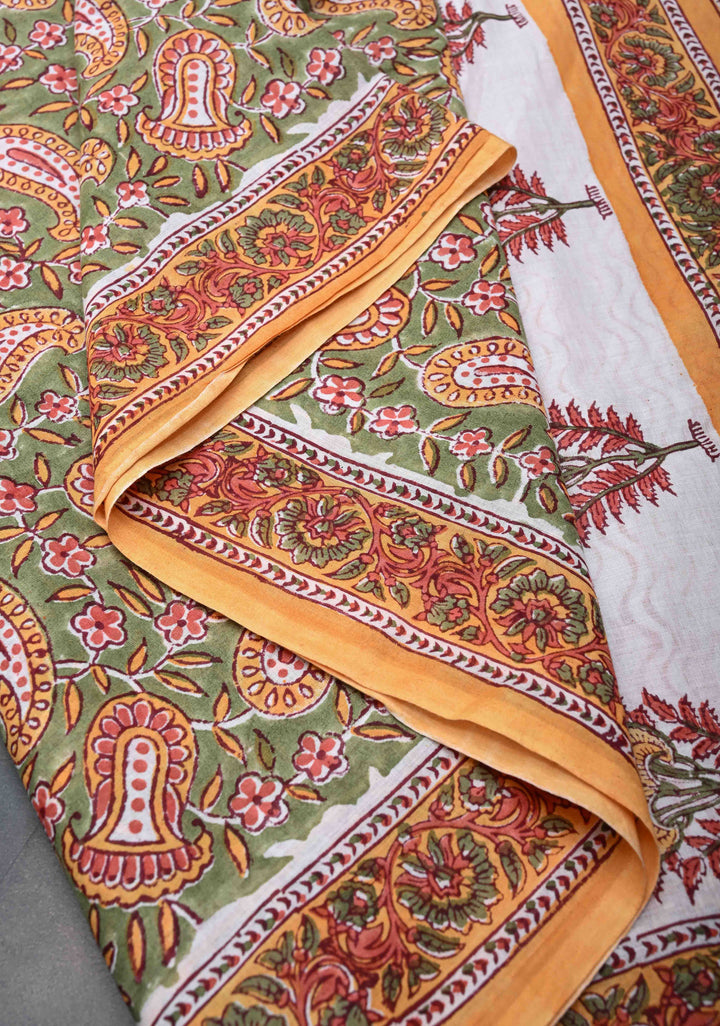 Sanganeri Hand block Printed Mul Cotton Saree in Mehendi Green