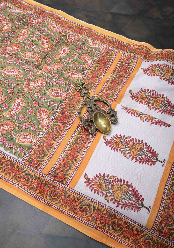 Sanganeri Hand block Printed Mul Cotton Saree in Mehendi Green