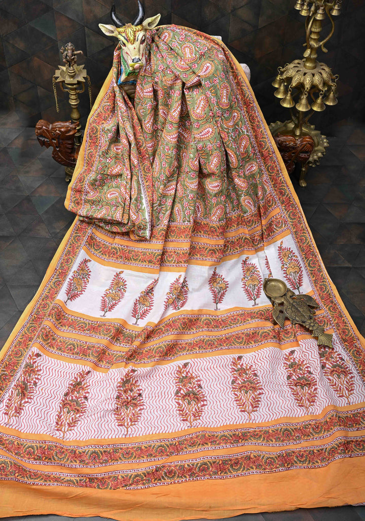 Sanganeri Hand block Printed Mul Cotton Saree in Mehendi Green