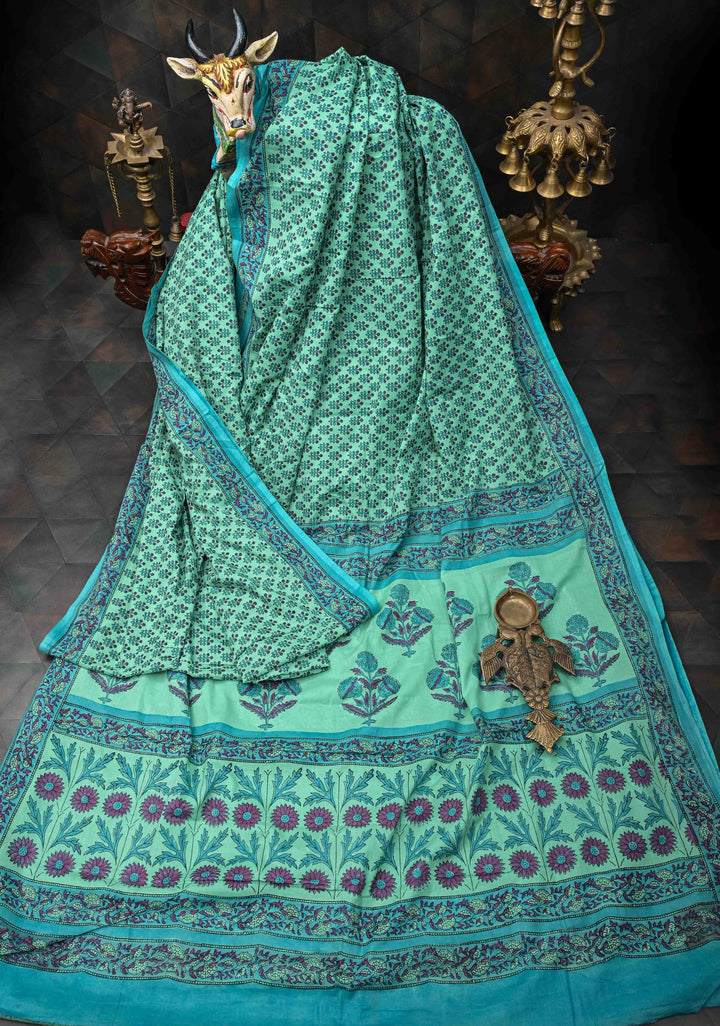 Sanganeri Hand block Printed Mul Cotton Saree in Turquoise
