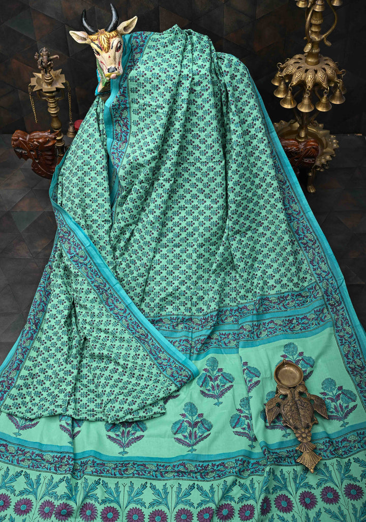 Sanganeri Hand block Printed Mul Cotton Saree in Turquoise