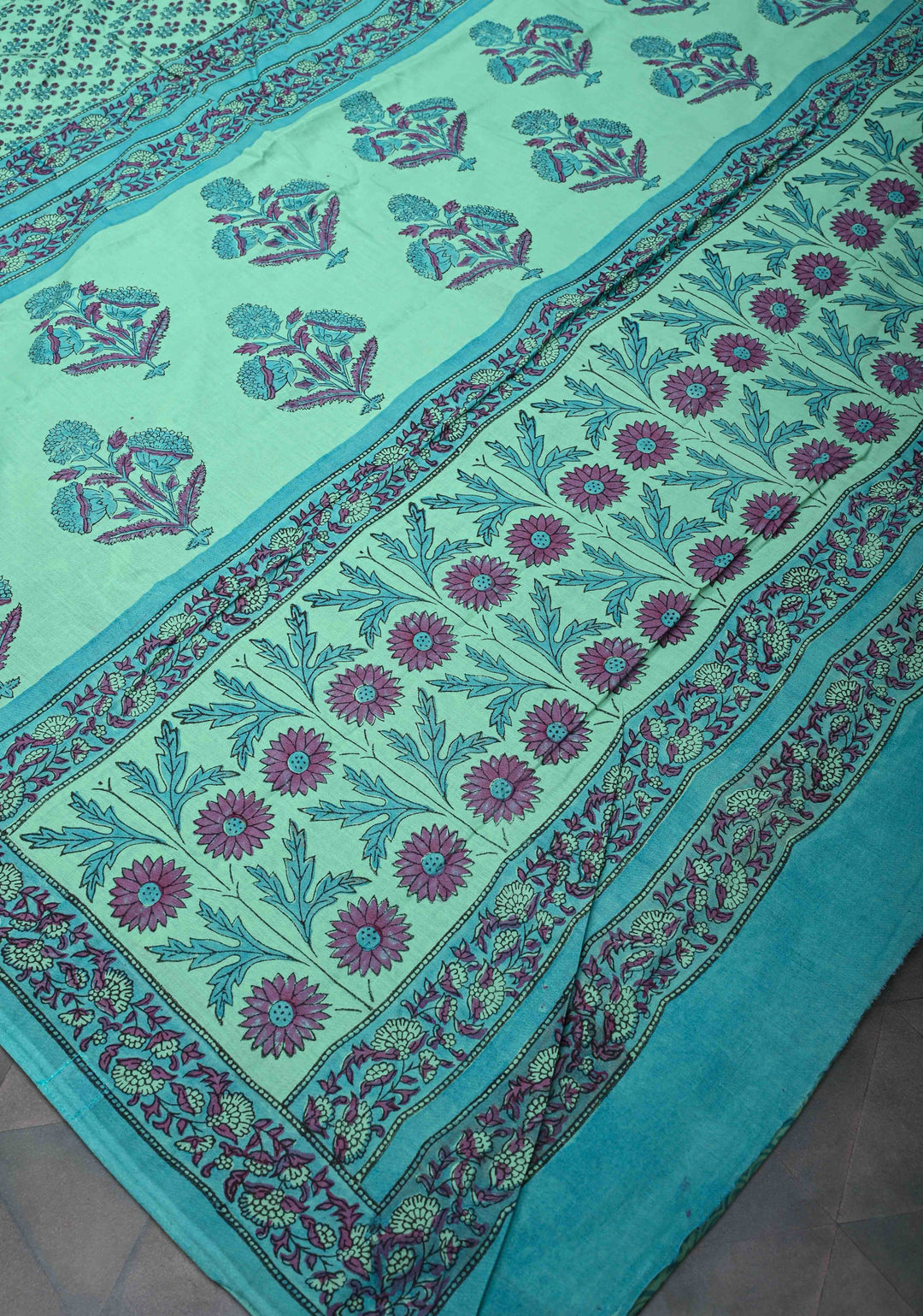 Sanganeri Hand block Printed Mul Cotton Saree in Turquoise