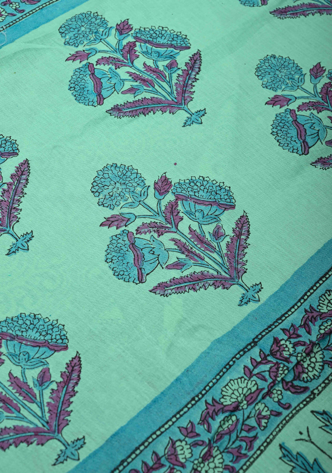 Sanganeri Hand block Printed Mul Cotton Saree in Turquoise