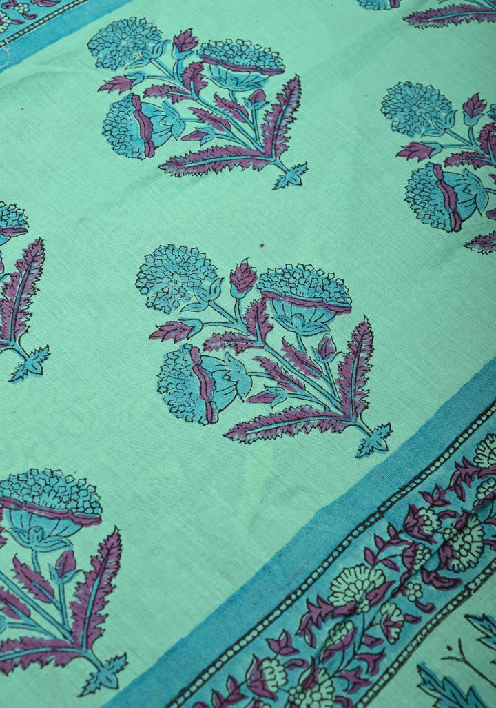 Sanganeri Hand block Printed Mul Cotton Saree in Turquoise