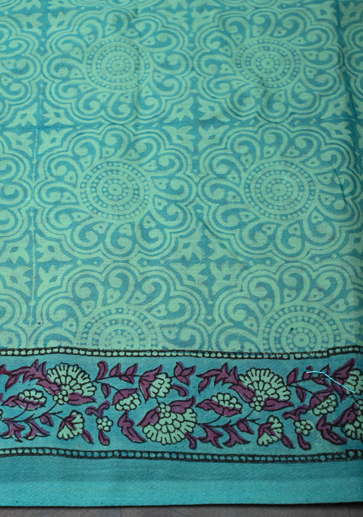 Sanganeri Hand block Printed Mul Cotton Saree in Turquoise