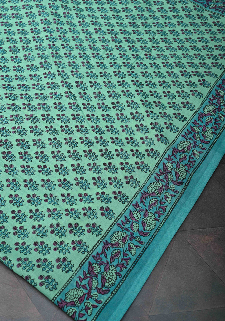 Sanganeri Hand block Printed Mul Cotton Saree in Turquoise