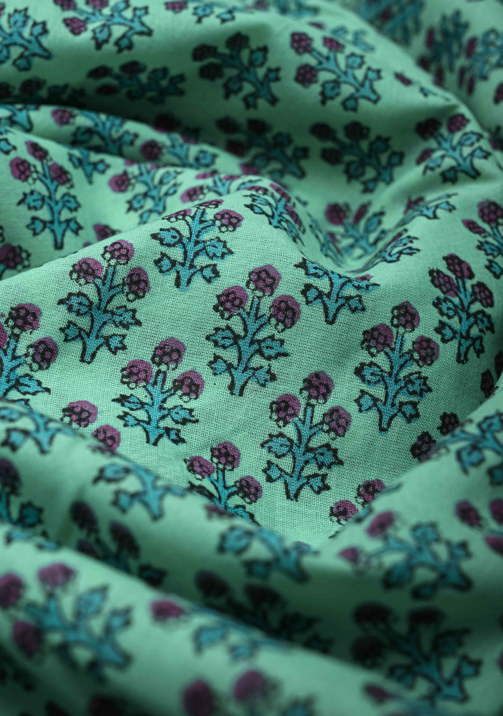 Sanganeri Hand block Printed Mul Cotton Saree in Turquoise