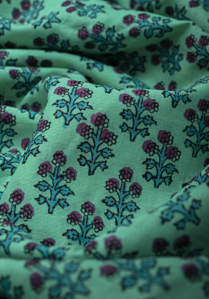 Sanganeri Hand block Printed Mul Cotton Saree in Turquoise