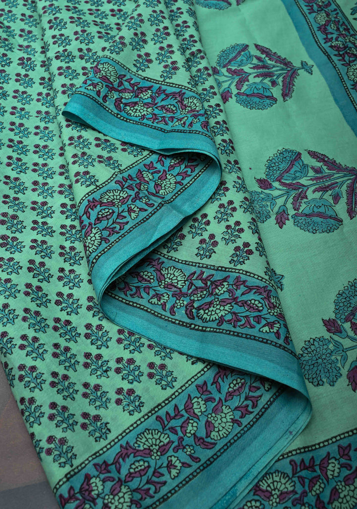 Sanganeri Hand block Printed Mul Cotton Saree in Turquoise