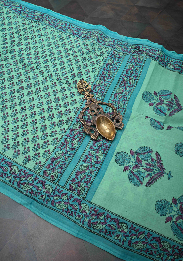 Sanganeri Hand block Printed Mul Cotton Saree in Turquoise