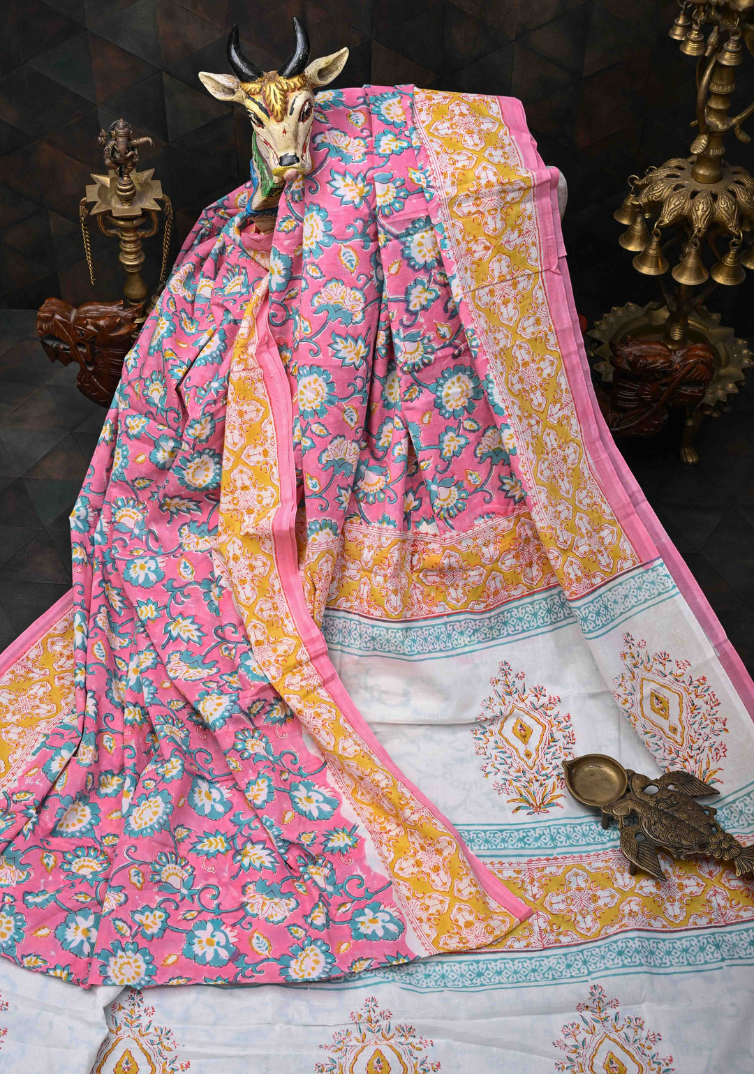 Pink And Blue Floral Bagru Handblock Printed Mul Cotton Saree