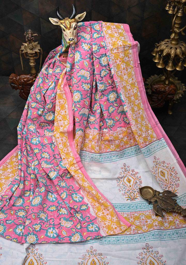 Pink And Blue Floral Bagru Handblock Printed Mul Cotton Saree