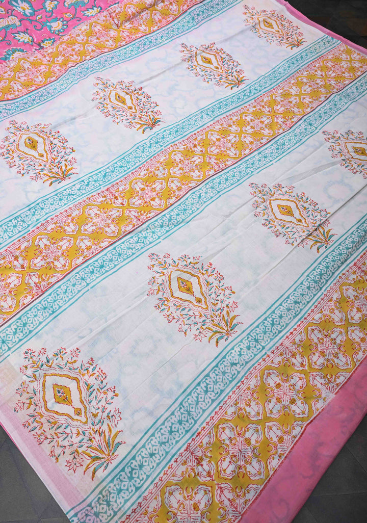 Pink And Blue Floral Bagru Handblock Printed Mul Cotton Saree