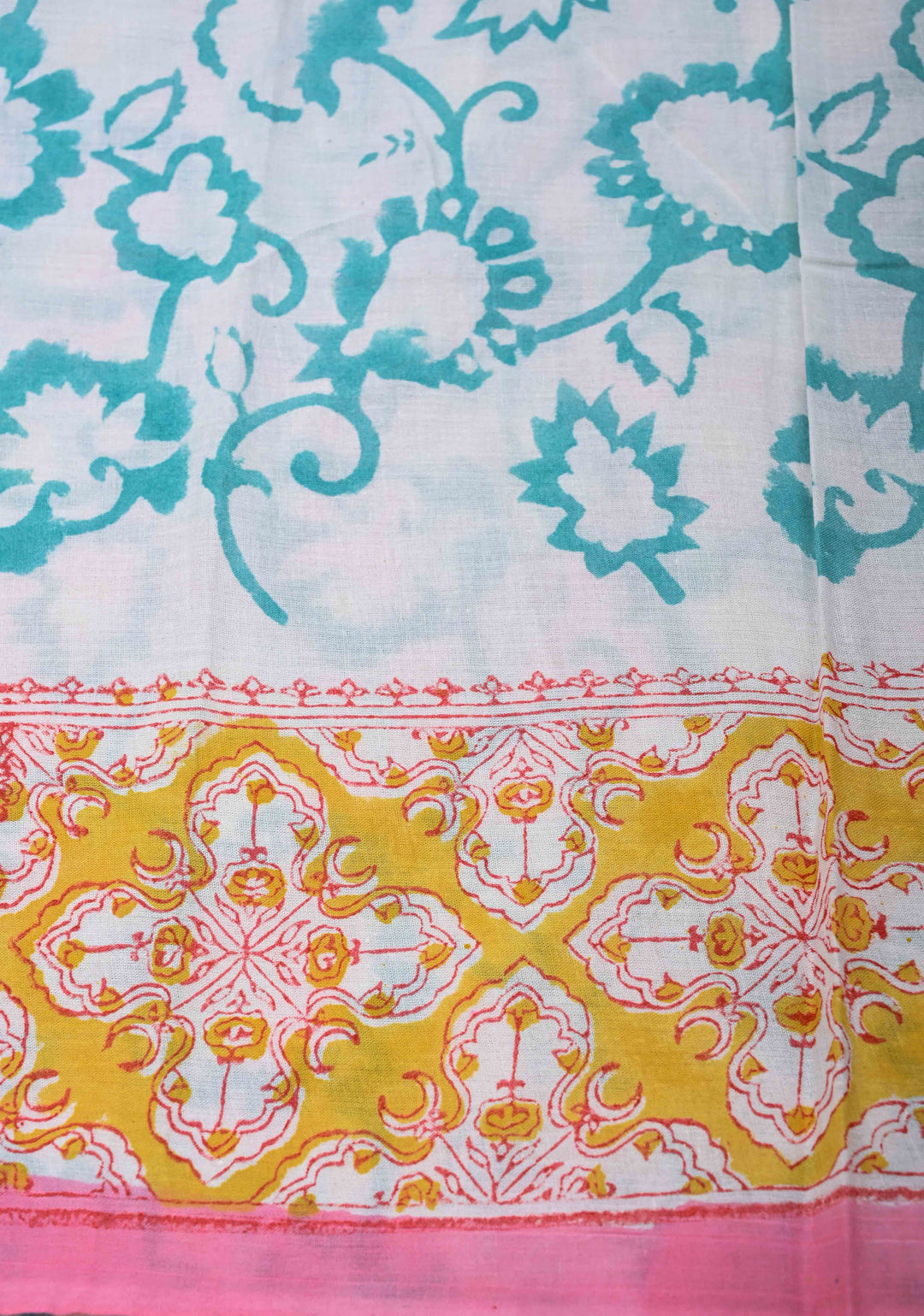 Pink And Blue Floral Bagru Handblock Printed Mul Cotton Saree