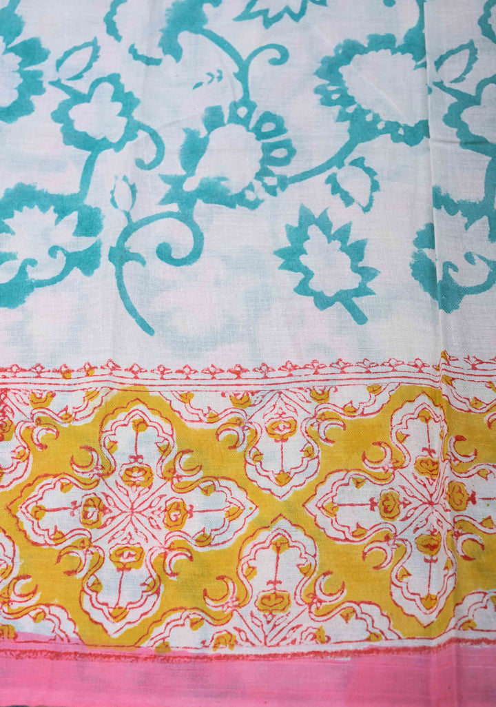 Pink And Blue Floral Bagru Handblock Printed Mul Cotton Saree