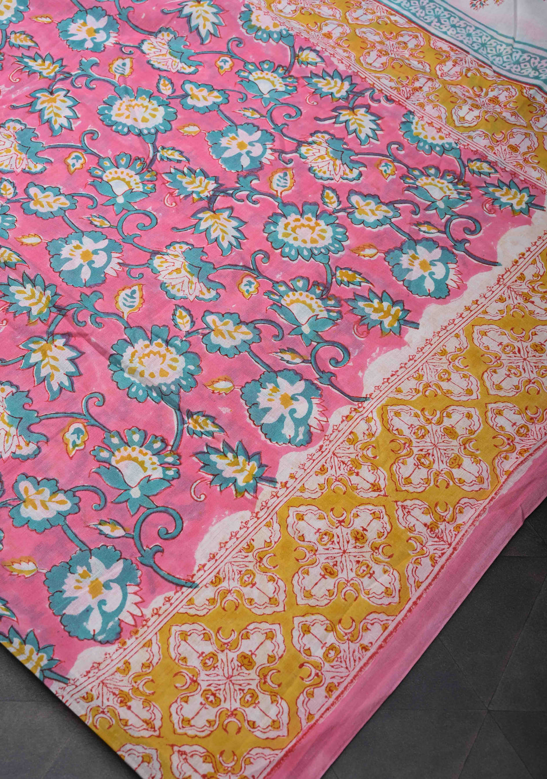 Pink And Blue Floral Bagru Handblock Printed Mul Cotton Saree