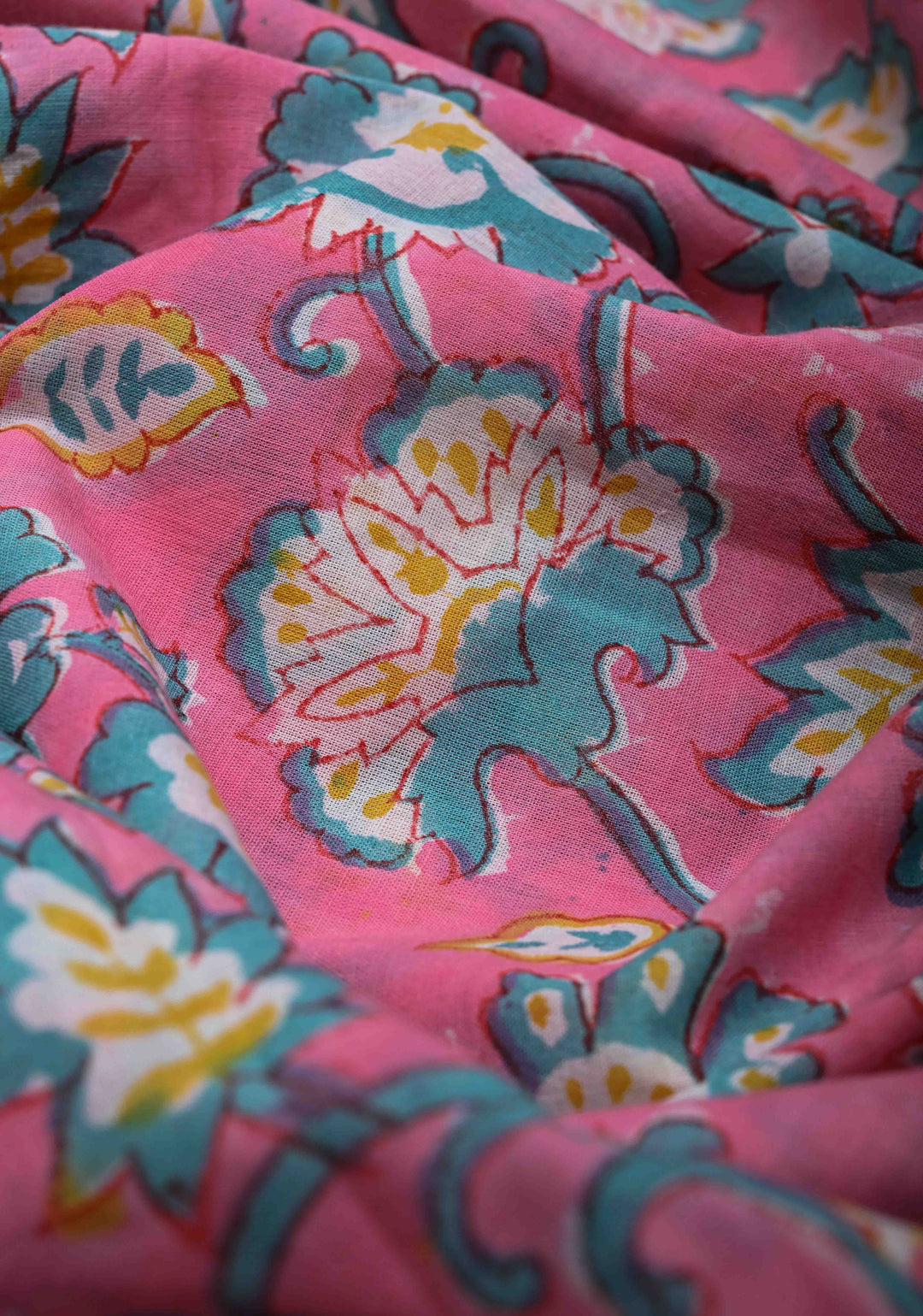 Pink And Blue Floral Bagru Handblock Printed Mul Cotton Saree
