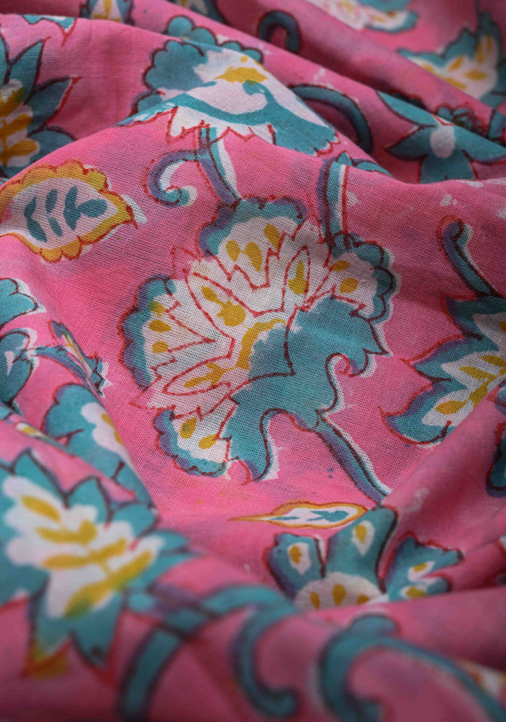 Pink And Blue Floral Bagru Handblock Printed Mul Cotton Saree
