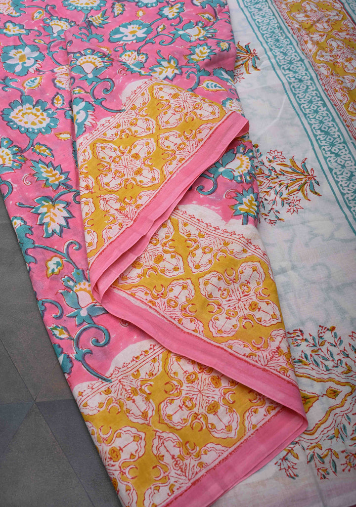 Pink And Blue Floral Bagru Handblock Printed Mul Cotton Saree