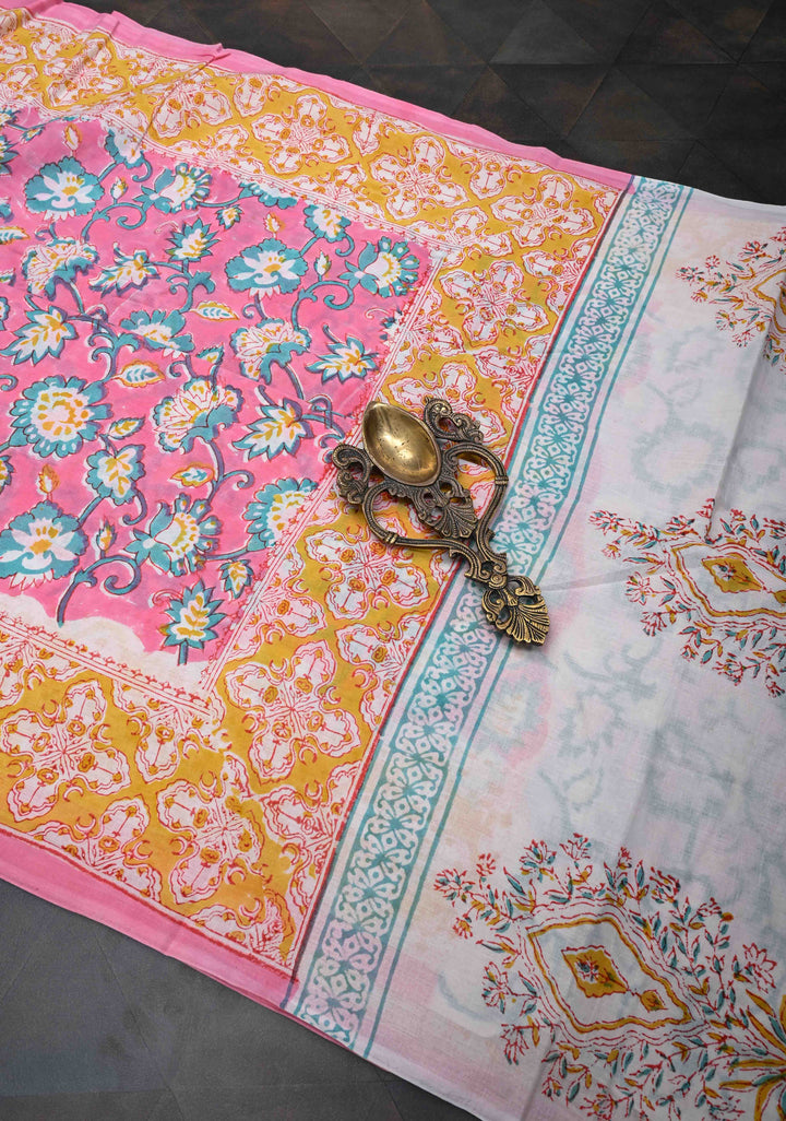 Pink And Blue Floral Bagru Handblock Printed Mul Cotton Saree