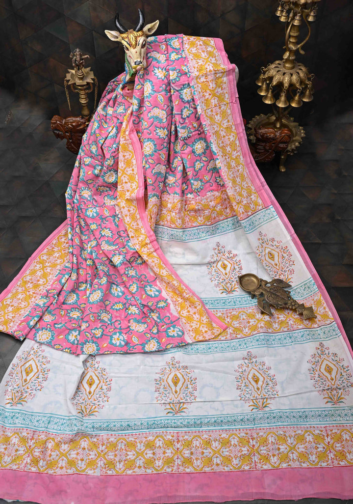 Pink And Blue Floral Bagru Handblock Printed Mul Cotton Saree