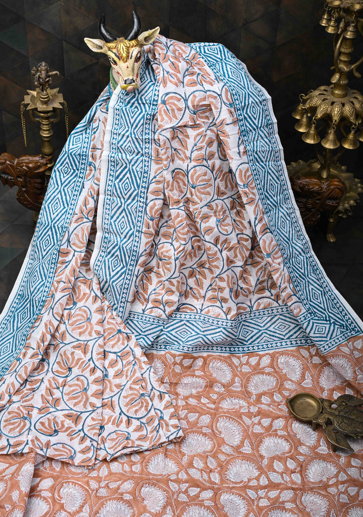 Brown Floral Bagru Handblock Printed Mul Cotton Saree