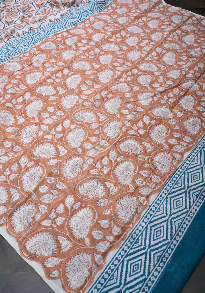 Brown Floral Bagru Handblock Printed Mul Cotton Saree