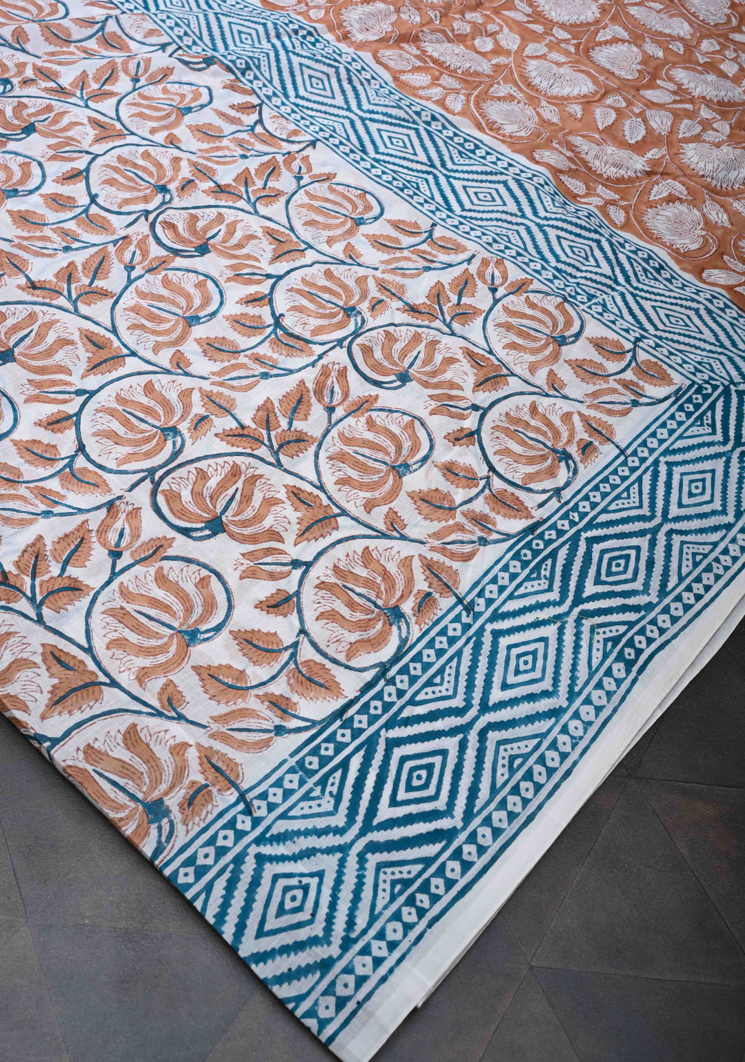 Brown Floral Bagru Handblock Printed Mul Cotton Saree