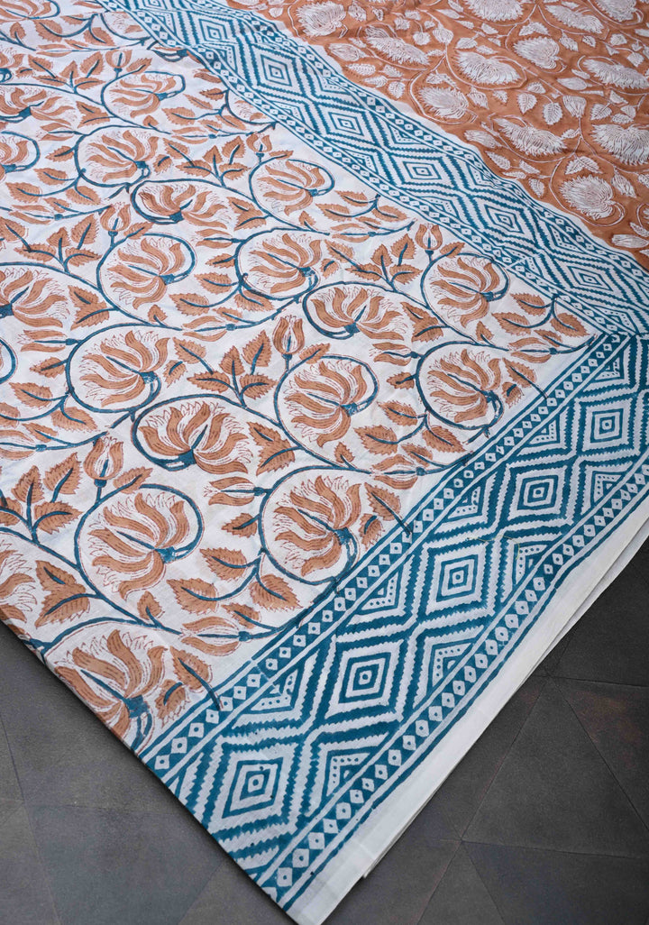 Brown Floral Bagru Handblock Printed Mul Cotton Saree