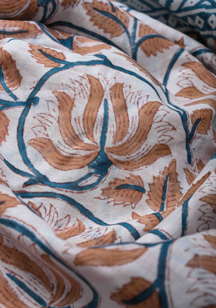 Brown Floral Bagru Handblock Printed Mul Cotton Saree