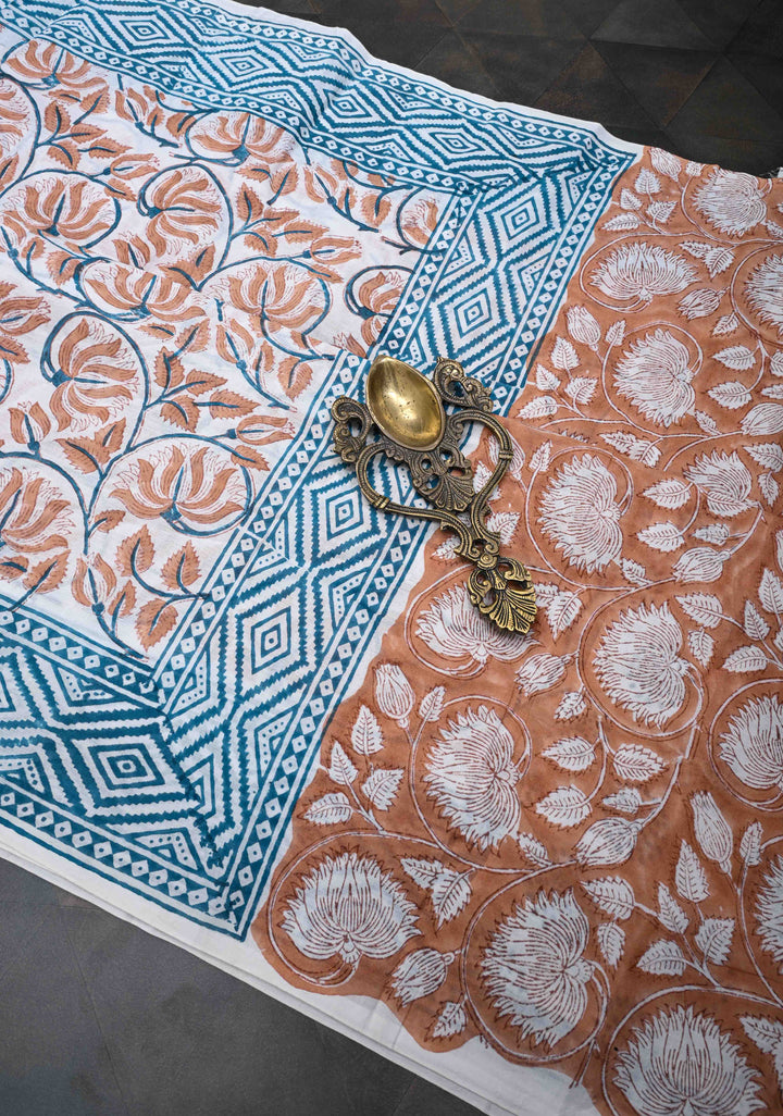 Brown Floral Bagru Handblock Printed Mul Cotton Saree