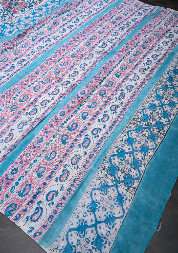 White Pink Floral Bagru Handblock Printed Mul Cotton Saree