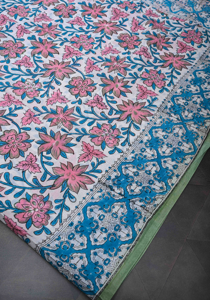 White Pink Floral Bagru Handblock Printed Mul Cotton Saree