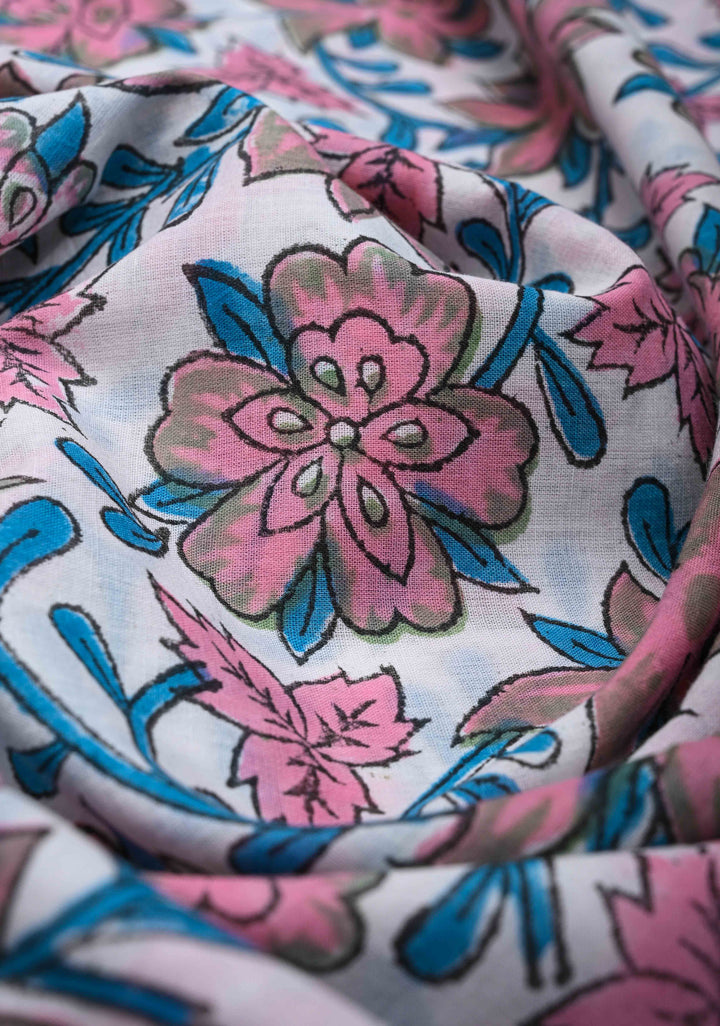 White Pink Floral Bagru Handblock Printed Mul Cotton Saree