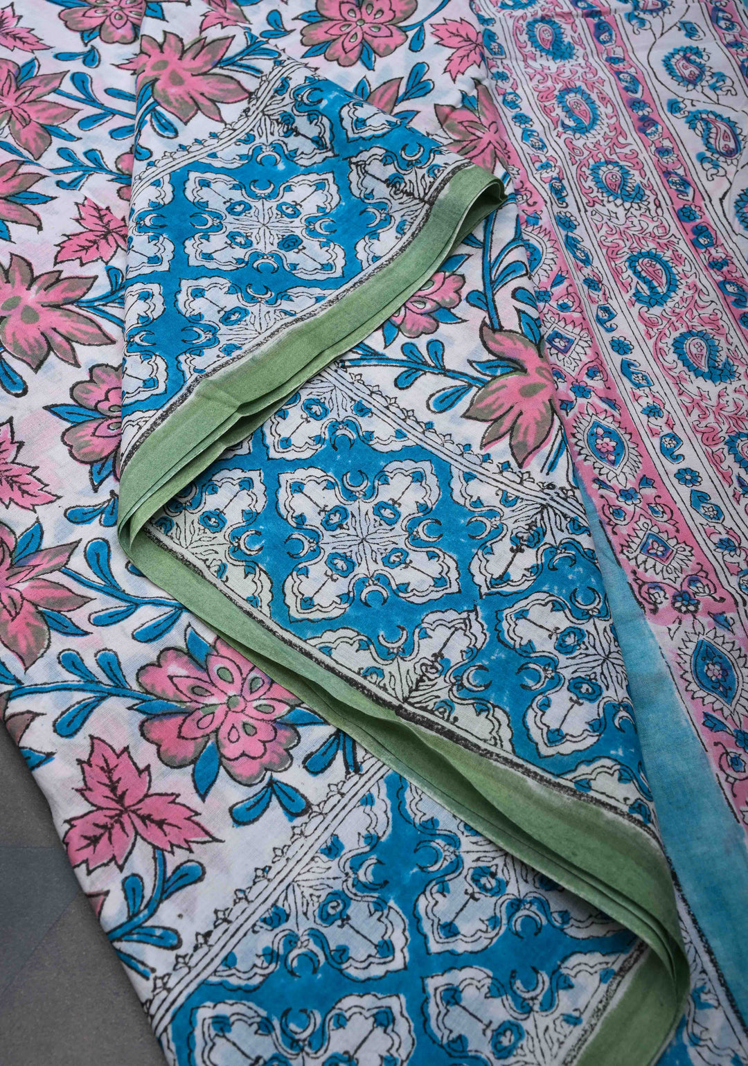 White Pink Floral Bagru Handblock Printed Mul Cotton Saree