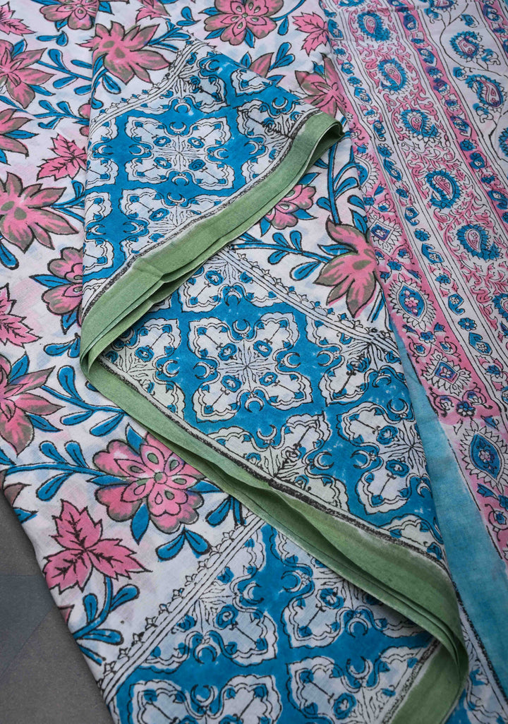 White Pink Floral Bagru Handblock Printed Mul Cotton Saree